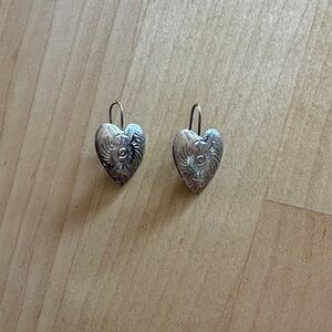 Vintage Sterling Silver Heart Drop Earrings - Elegant Floral Engraved Design